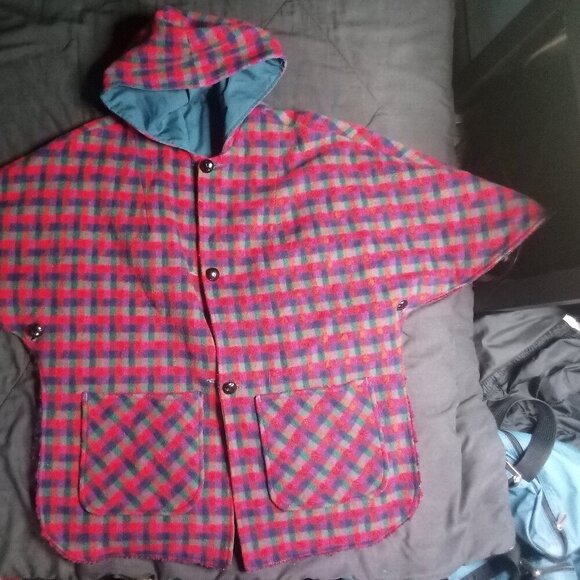 Vintage Pioneer Wear Reversible Sleeveless Poncho Jacket Hood Wool - Picture 4 of 8